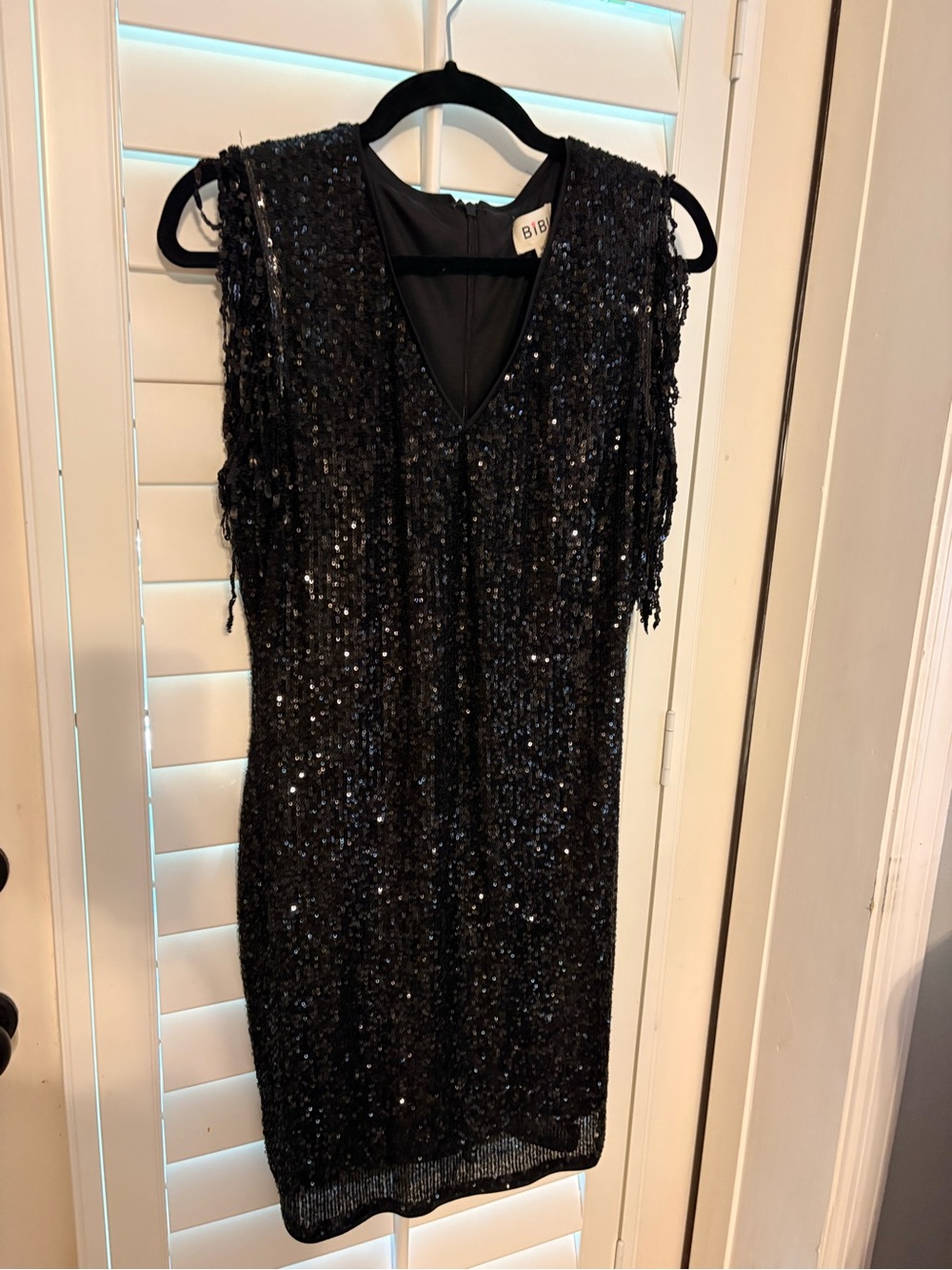 BiBi Black Sequin Fringe V-Neck Mini Dress